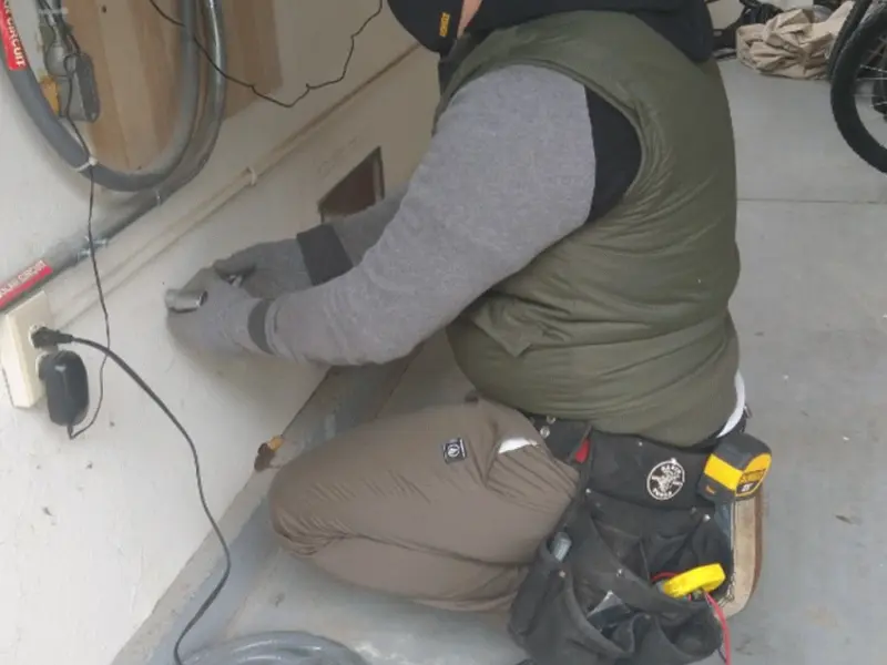 Electrician performing outlet wiring in a Lake Charles garage